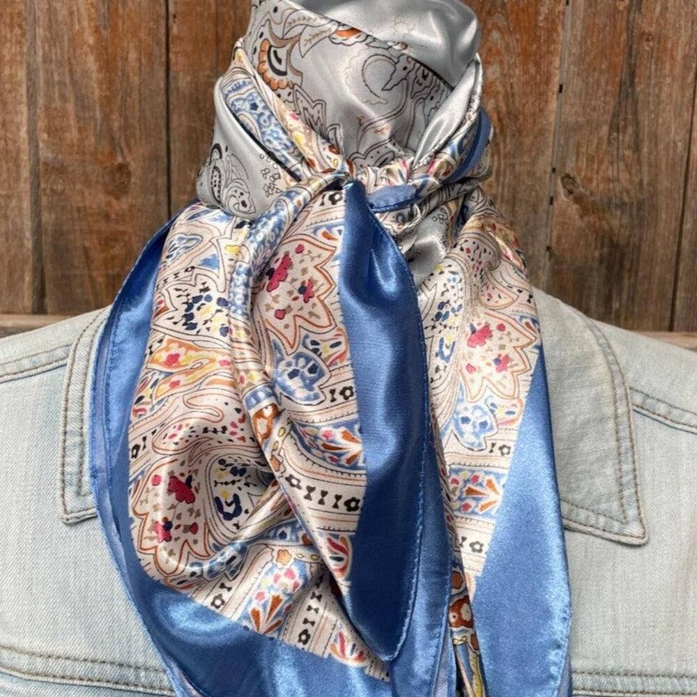 Blue Floral Printed Western Southwestern Wild Rag Scarf Accent